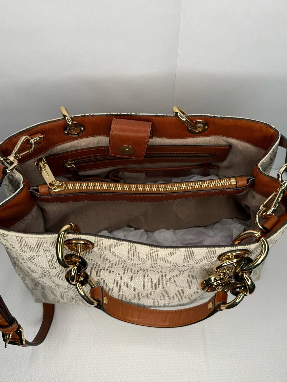 Michael Kors Cream Logo Tote with Brown Leather Straps